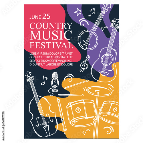 COUNTRY MUSIC FEST Vertical Banner Concert Poster With Cello Guitar Banjo And Drums Invitation Text On Abstract Colorful Background Hand Drawn Vector Sketch photo