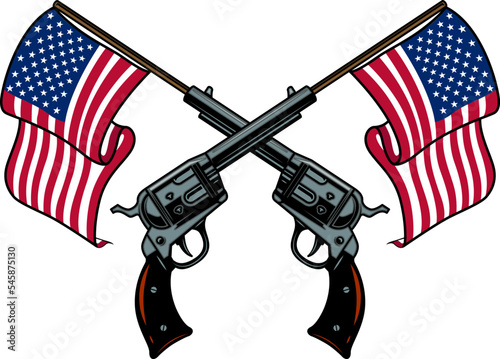 Illustration of crossed revolvers with american flag. Design element for logo, label, design. Vector illustration