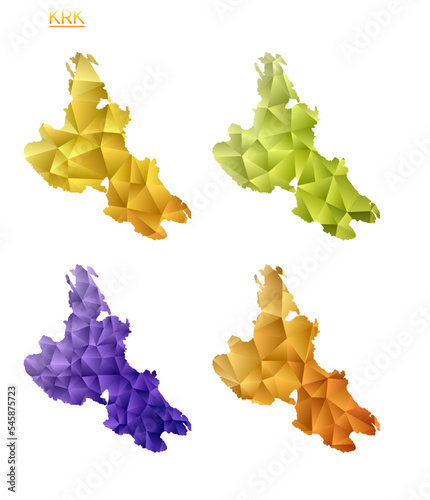 Set of vector polygonal maps of Krk. Bright gradient map of island in low poly style. Multicolored Krk map in geometric style for your infographics. Powerful vector illustration.