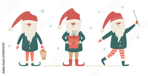 Set of Scandinavian Nordic Gnome, cute Christmas Santa Elves. Vector illustration for Xmas Card, Seasons greetings
