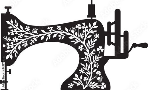 Floral Sewing Machine (Vintage Design) Black and White. Vector Illustration.
