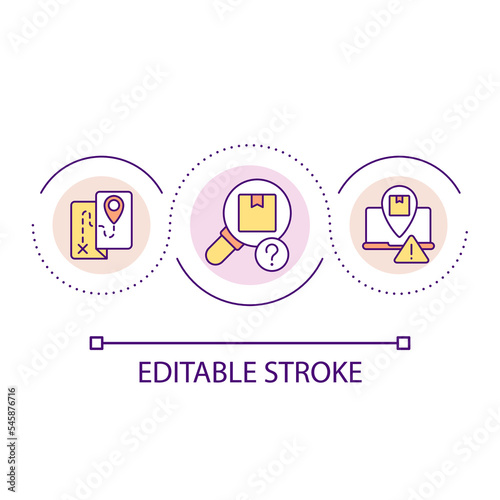 Package tracking issue loop concept icon. Parcel monitoring problem. Delivery trouble abstract idea thin line illustration. Isolated outline drawing. Editable stroke. Arial font used