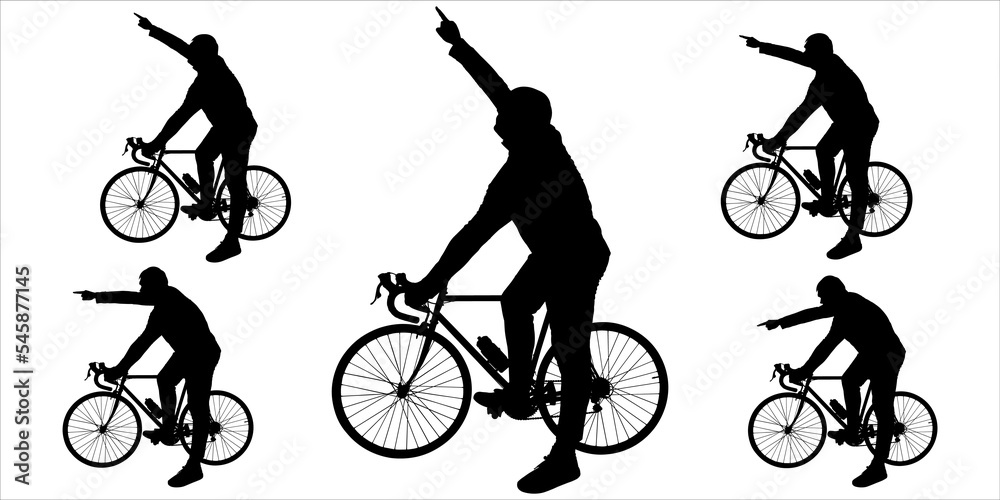 Obraz premium The cyclist is standing next to the bike. The guy with the bicycle holds the handlebars of the bicycle with his hand, with the other hand he shows the direction: up, down, sideways. Isolated on white