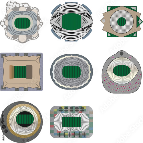 Set of green landscapes stadiums icons / architectural plans 