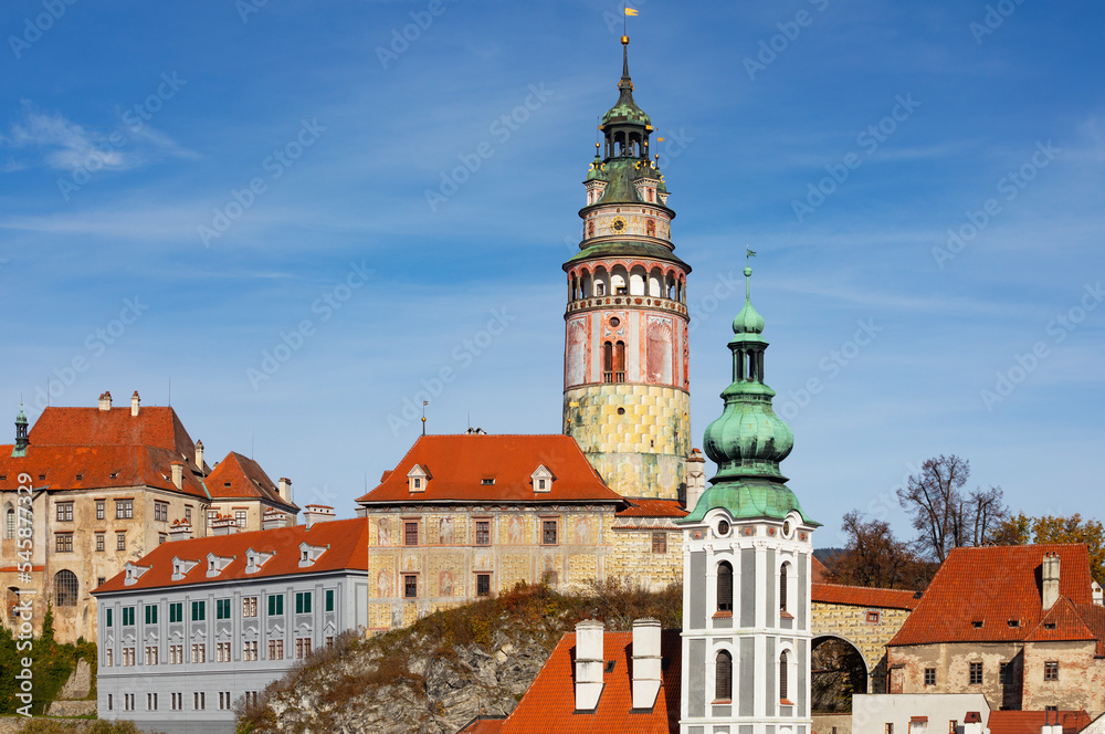 Czech Republic, South Bohemian Region, Cesky Krumlov, Old town houses surrounding towers of Cesky Krumlov Castle and Saint Jost Church Czech Republic, South Bohemian Region, Cesky Krumlov, Old town houses surrounding towers of Cesky Krumlov Castle and Saint Jost Church