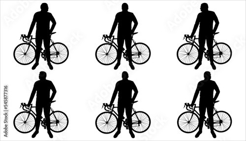 Cycling. Sport. Bicycle tourism. A man stands next to a bicycle. View: bike - sideways, man - looking at the camera. The guy with the bike. Six black male silhouettes isolated on white background