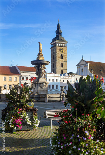 Czech Republic, South Bohemian Region, Ceske Budejovice, Samson Fountain on Premysl Otakar II Square with Black Tower in background photo