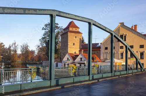 Czech Republic, South Bohemian Region, Ceske Budejovice, View from iron bridge over Malse river in autumn photo