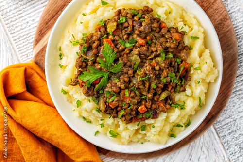 Tableau sur toile Lentil and vegetable stew over mashed potatoes with parsley