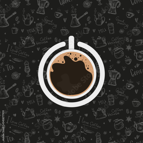 Big button - power on with cup of coffee. Energy boost after coffee break. Seamless pattern or texture with various coffee elements on background. Printable banner.