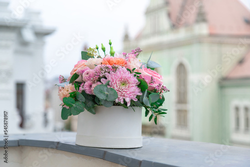 Beautiful autumn bouquet on the background of the city