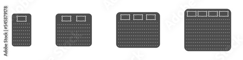 Mattress and Bed Size Dimension Black Silhouette Icon Set. Bed Length Measurement for Bedchamber in Hotel or Home Pictogram. Mattress Sizes for Bed Room. Isolated Vector Illustration