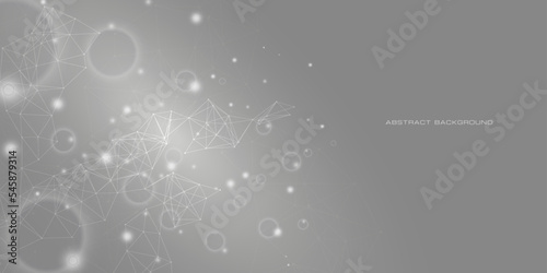 Abstract background with connected lines and dots on a gray gradient. The structure of the dna molecule of the system of neurons, genetic and chemical compounds. Vector illustration.