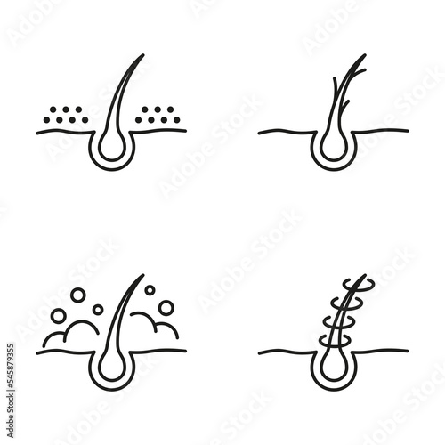 Hair Dandruff, Wash, Repair and Split Ends Line Icons. Dermatology Problem and Treatment Outline Icon. Unhealthy or Dirty Follicle Pictogram. Editable Stroke. Isolated Vector Illustration