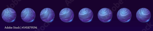 Animation set of alien planet rotation. Abstract sphere turnaround sprite sheet. Sequence of turning planet in outer space isolated on black background, vector cartoon illustration