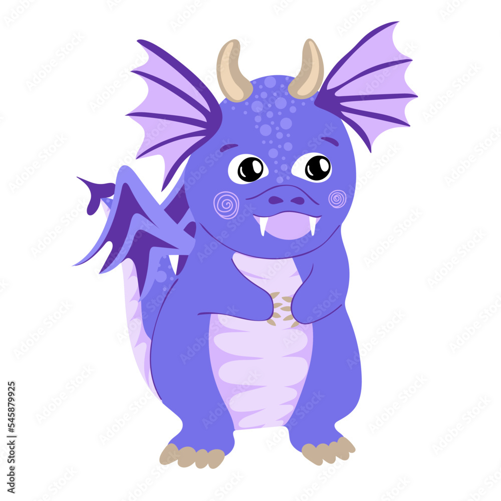 Dragon kid. Funny baby dragon, cute magic lizard with wings and horns. Fairytale monsters. Vector illustration