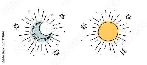 Weather icon set, shining crescent moon and sun with rays line drawing, simple boho tattoo with stars. Vector illustration isolated on white background.