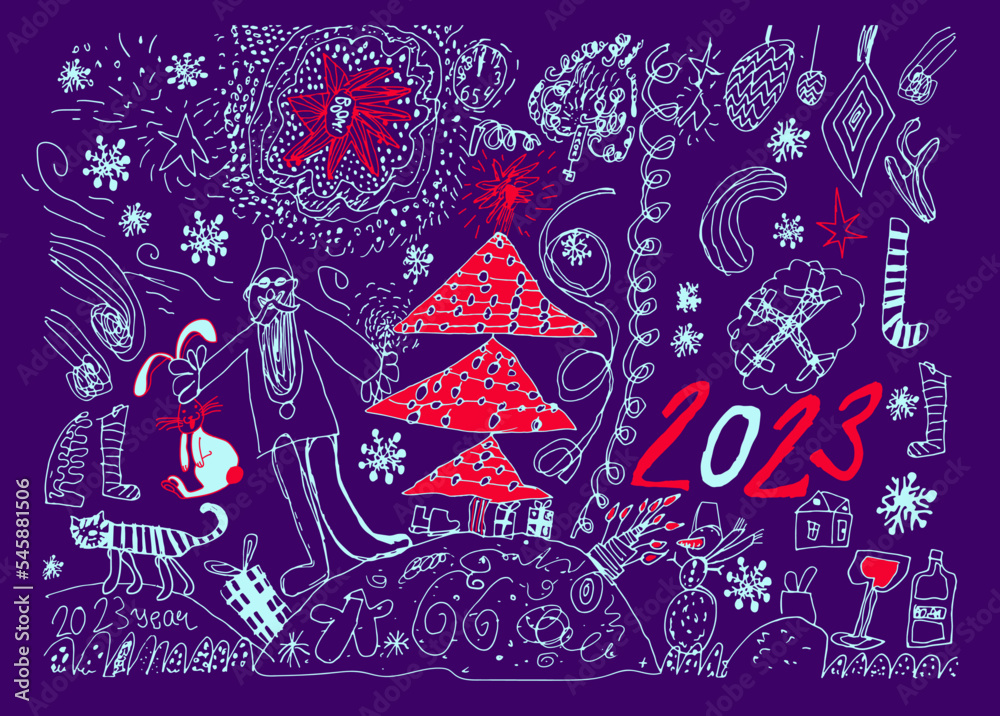 Chinese new year greeting card 2023 with red Christmas tree, santa, rabbit and attributes on dark violet. Naive vector cute baby scribble style collection for merry Christmas and happy new year.
