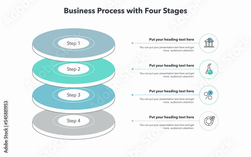 Simple business process template with four colorful stages. Flat infographic design with minimalistic icons.
