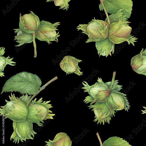 Seamless pattern with green hazelnut fruits with spiny husks and leaves (Corylus avellana, common hazel, cobnuts, forest filbert). Watercolor hand drawn painting illustration, isolated on black 