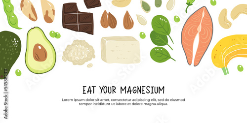 Magnesium vector stock illustration. Food products with a high content of the mineral. fatty fish, tofu, avocado, oats, spinach, almonds, cashew nuts, banana. Information poster. Food, diet.