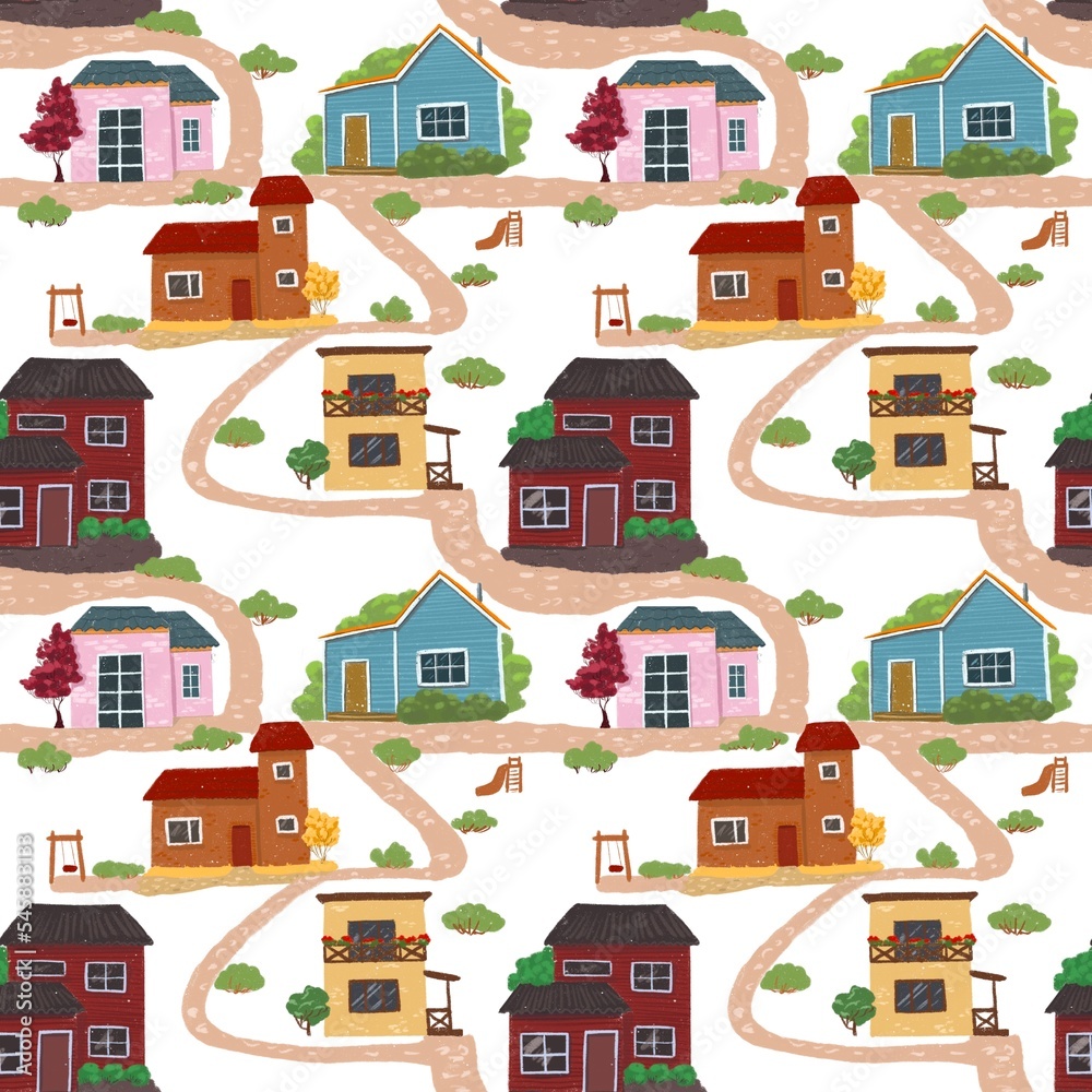 a noiseless pattern with cute houses of different colors and shapes