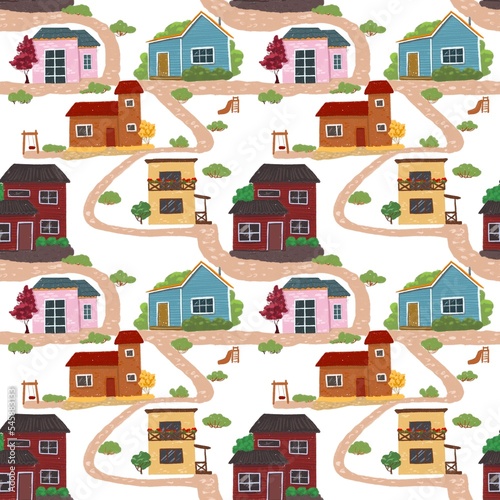 a noiseless pattern with cute houses of different colors and shapes