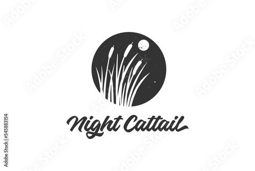 Vintage Circle Night Sky Cattail Reed Grass Lake River Creek Swamp Logo Design