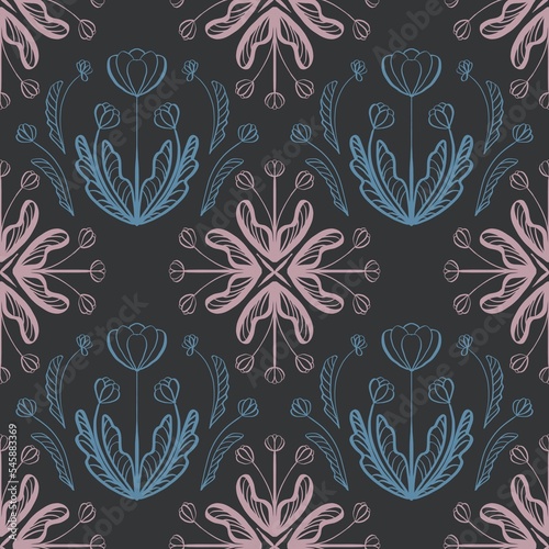 a seamless pattern of floral elements in blue pink and gray colors