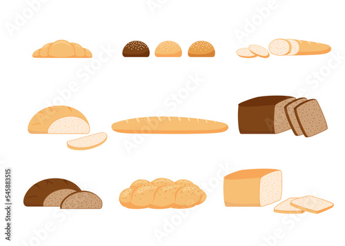 Pastry bread from wheat, whole grain and rye, bakery food, bun. Loaf, bread brick, croissant, toast bread, french baguette, challah. Vector illustration