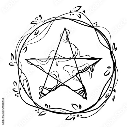 Pentagonal star graphic pentagram in a circle with branches and leaves Line drawing icon logo vector illustration.Five pointed star,pentacle,acculite sign isolated on white background.Tattoo or print