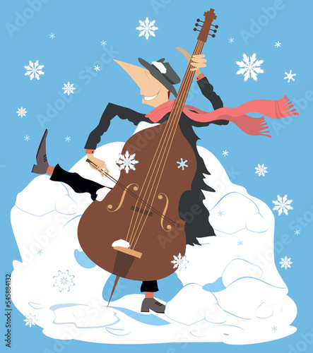 Winter. Snow. Cellist playing cello.
Winter concert. Snowflakes. Smiling cellist playing music with inspiration

