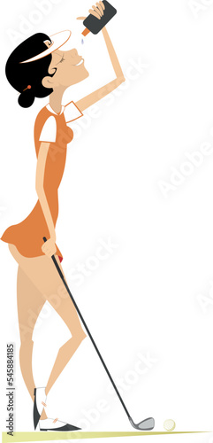 Young woman playing golf. Illustration. 
Young woman holding golf club and drinking water. Isolated on white background

