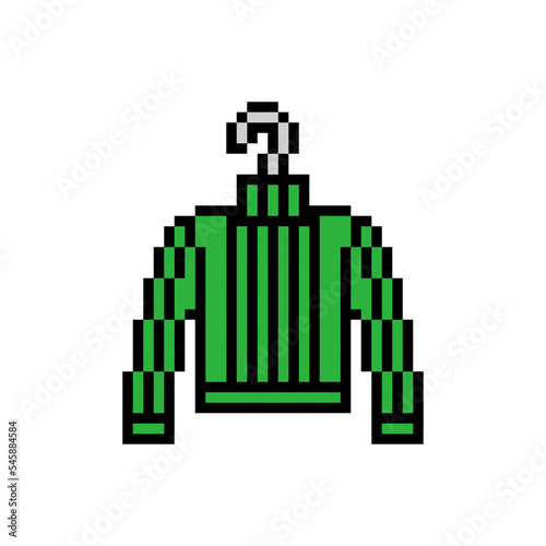 Pixel art symbol of a green knitted high neck sweater on a hanger isolated on white background. Clothes icon. Old school retro vintage 90s, 80s 8 bit slot machine, 2d video game graphics.