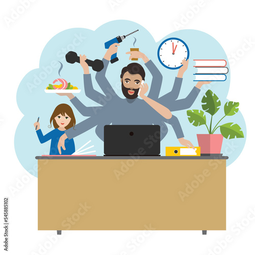 Multitask man. Father, daddy, businessman with child, working, coocking and calling. Flat vector.