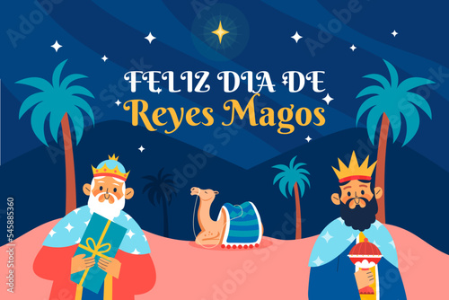 The three kings of orient, Melchior, Gaspard and Balthazar. Feliz dia de los Reyes Magos. Christmas vectors. Vector Illustration.

