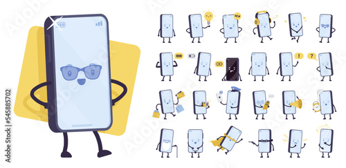 Smartphone cartoon cute character bundle. New phone, mobile commerce, paying bills, buying, notifications, latest model modern accessory, touchscreen, battery energy. Vector flat style illustration