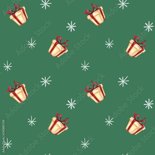 Watercolor Christmas pattern on a green background with gifts, snowflakes and bows