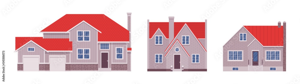 Red roof white home exterior, facade cartoon set. Buying dream house, garage, building decor for designers, architects, builders, homebuyer architectural inspiration. Vector flat style illustration
