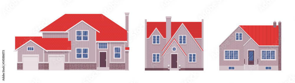 Red roof white home exterior, facade cartoon set. Buying dream house, garage, building decor for designers, architects, builders, homebuyer architectural inspiration. Vector flat style illustration Red roof white home exterior, facade cartoon set. Buying dream house, garage, building decor for designers, architects, builders, homebuyer architectural inspiration. Vector flat style illustration