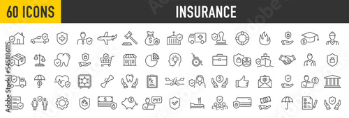 Set of 60 Insurance web icons in line style. Medical, Car, insurance situations, accident, health, flood, life, travel, fly, home. Vector illustration.