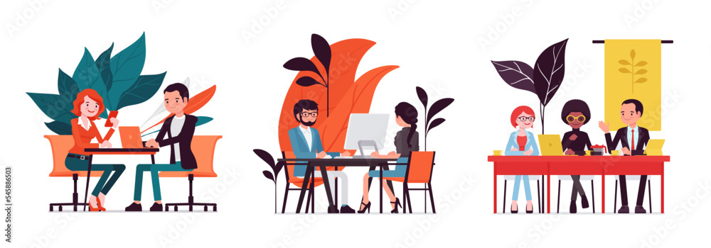 Business, home, office scenes cartoon set. Watching smartphones on business lunch, businesswoman, businessman running positive, productive meeting. Vector creative vibrant botanical illustration