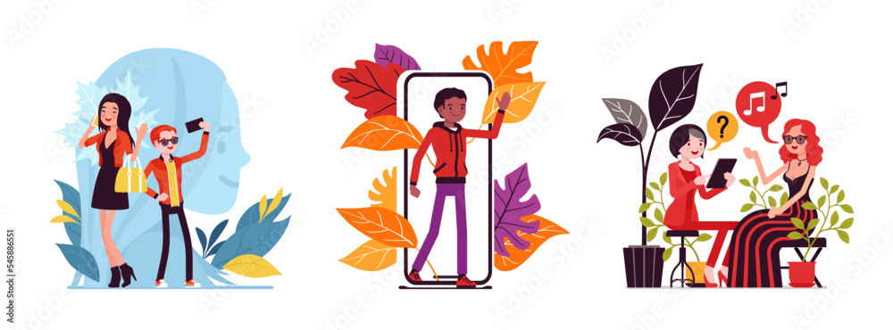 Fototapeta premium Business, home, office, lifestyle scene cartoon set. Online dating, start chatting up, walking through smartphone screen, interview with musical diva. Vector creative vibrant botanical illustration