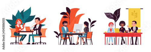 Business, home, office scenes cartoon set. Watching smartphones on business lunch, businesswoman, businessman running positive, productive meeting. Vector creative vibrant botanical illustration