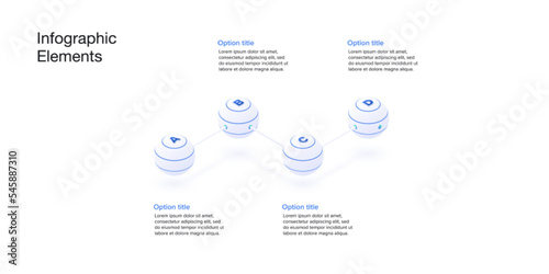 Business process chart infographics with 4 step spheres. Spherical workflow graphic elements. Company flowchart presentation slide. Vector info graphic in isometric design.