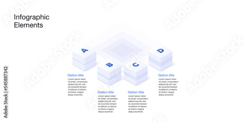 Business process chart infographics with 4 step cubes. Cubic corporate workflow graphic elements. Company flowchart presentation slide. Vector info graphic in isometric design.