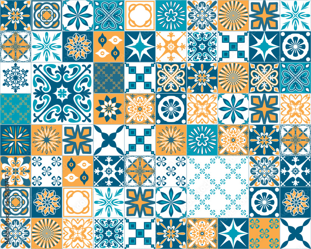 Spanish Azulejo style decorative pattern, blue orange white square ceramic tiles for design