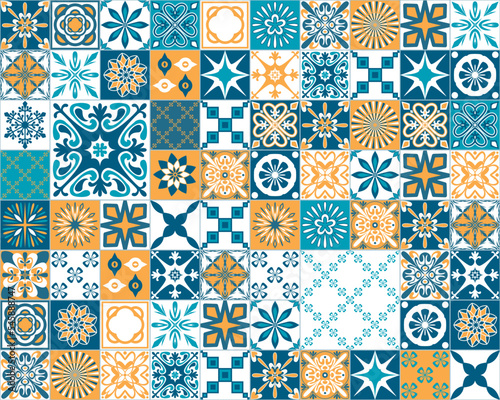 Spanish Azulejo style decorative pattern, blue orange white square ceramic tiles for design