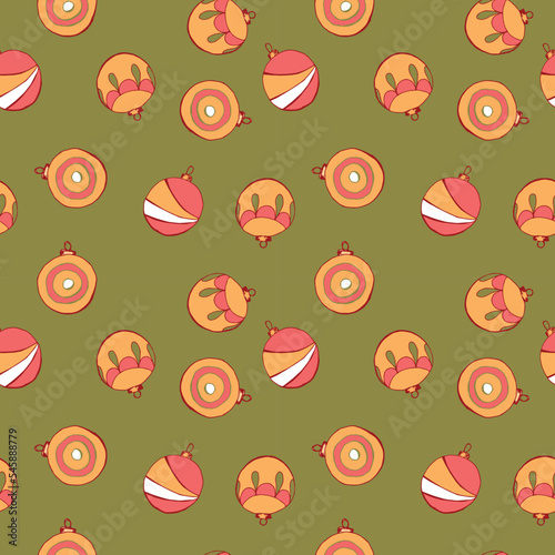 Christmas and Happy New Year seamless pattern with Christmas decoration and gifts. Trendy retro style. Vector design template.
