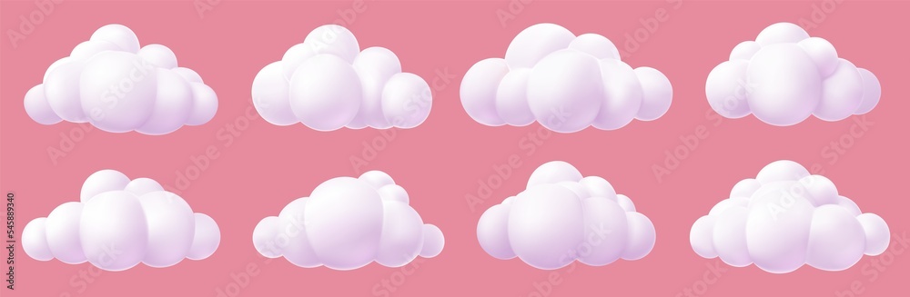 3d render set cartoon clouds on Pink background. Render soft round cartoon fluffy clouds icon set. illustration.